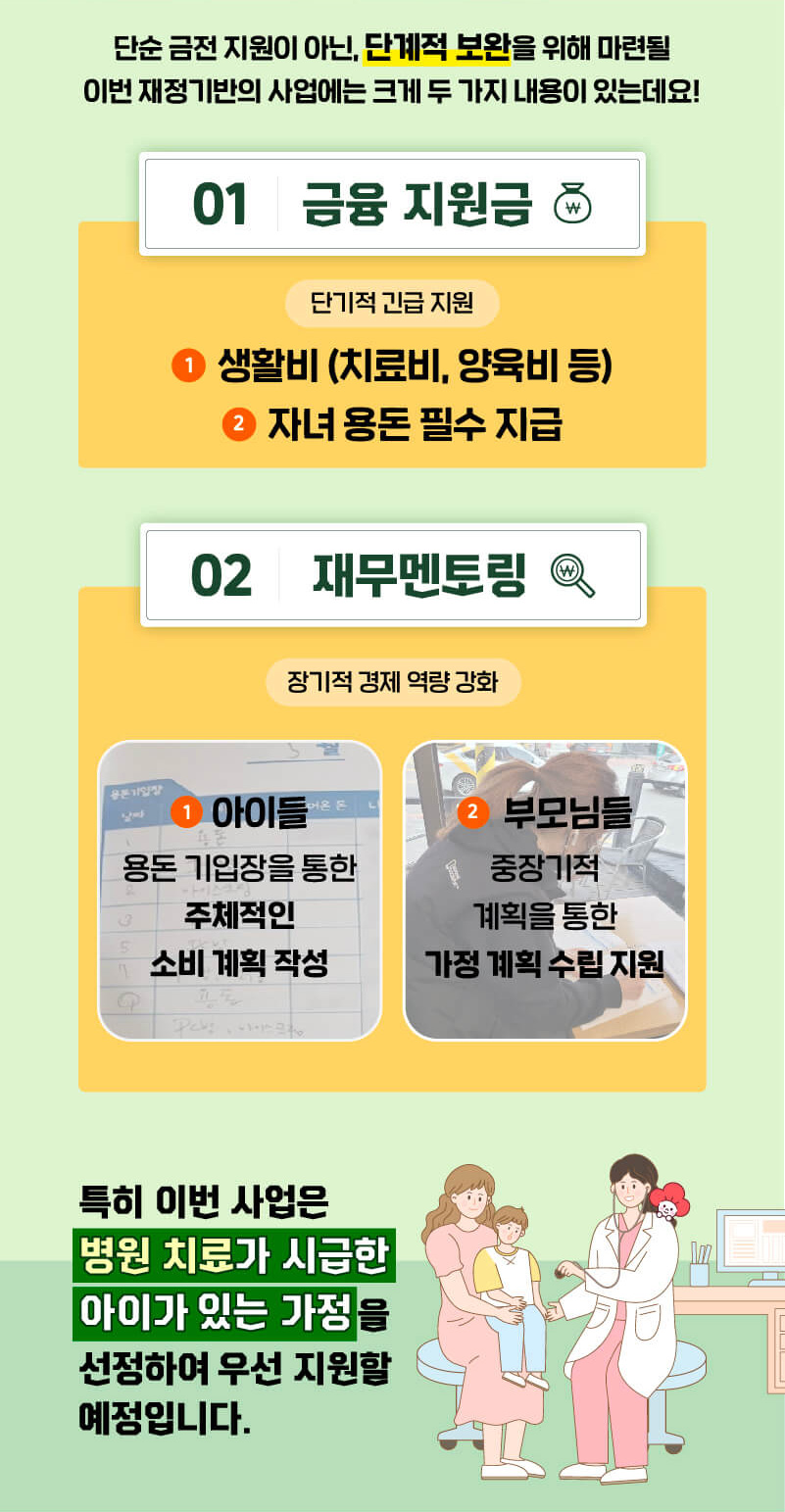 단순 금전 지원이 아닌, 단계적 보완을 위해 마련될 이번 재정 기반의 사업에는 크게 두 가지 내용이 있는데요! 01 금융지원금 단기적 긴급지원 1.생활비(치료비,양육비 등) 2. 자녀 용돈 필수 지급 / 02 재무멘토링 장기적 경제 역량 강화 1. 아이들 용돈 기입장을 통한 주체적인 소비 계획 작성 2. 부모님들 중장기적 계획을 통한 가정 계획 수립 지원 특히 이번 사업은 병원 치료가 시급한 아이가 있는 가정을 선정하여 우선 지원할 예정입니다.